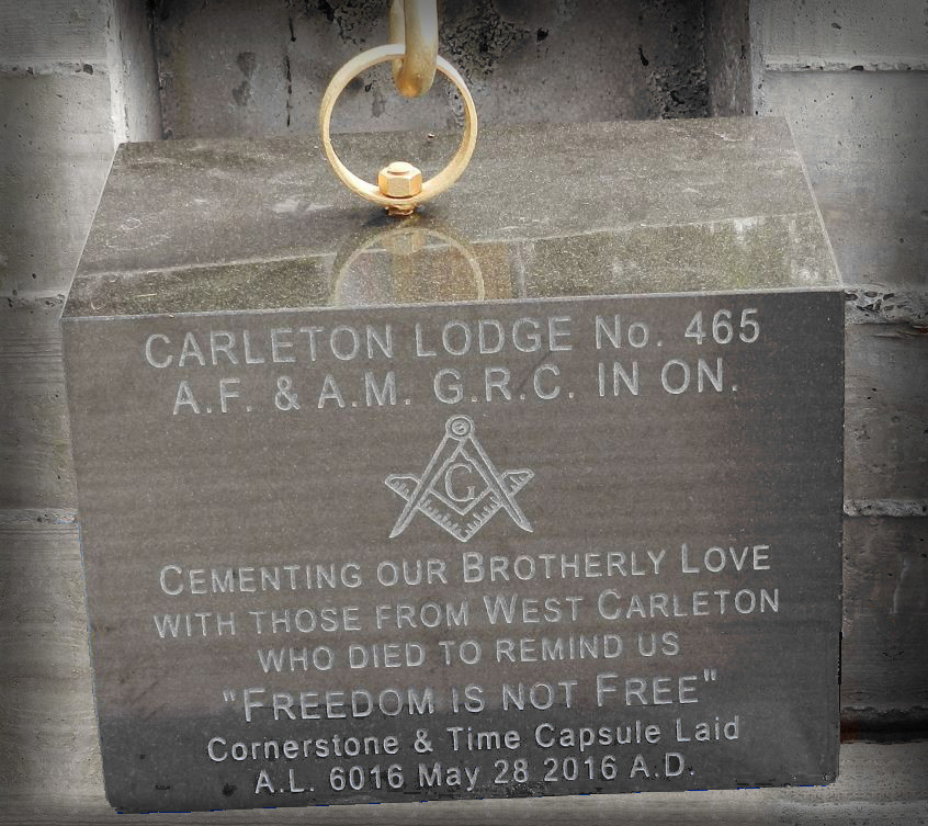 Photo of Cornerstone and Time Capsule of Carleton Lodge #465